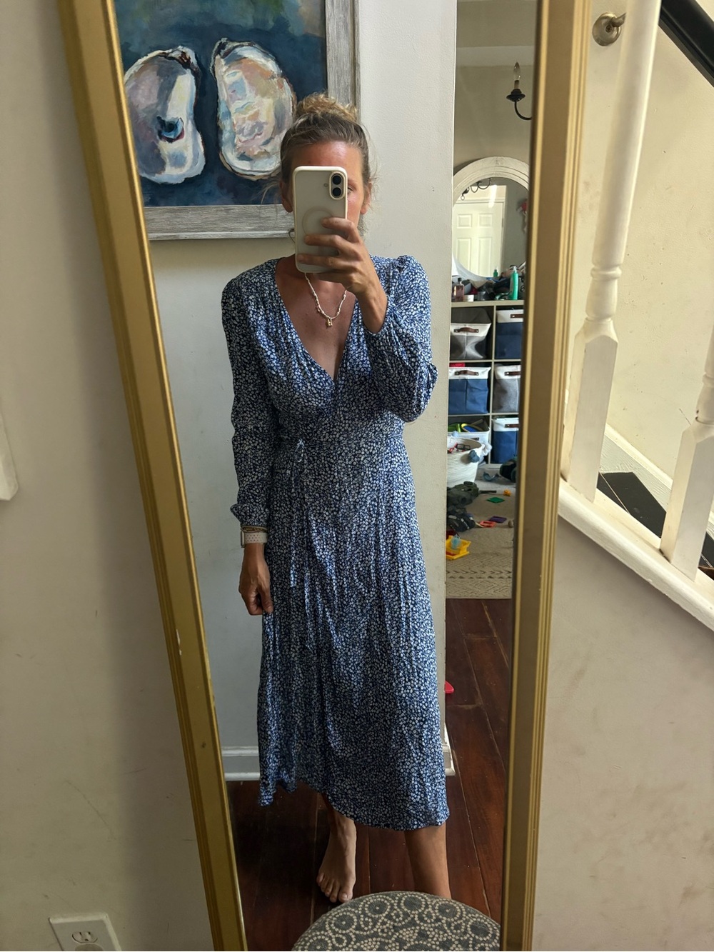GAP Blue Floral Wrap Midi Dress with Long Sleeves